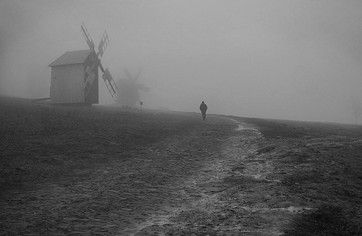Ветряная мельница. Черно-белый пейзаж Михаила Мочалова