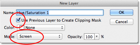 Ставим галочку перед опцией Use Previous Layer to Create Clipping Mask и выбираем режим смешивания слоев Screen