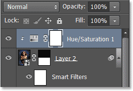 Корректирующий слой Hue/Saturation, ограничивающийся слоем Layer 2