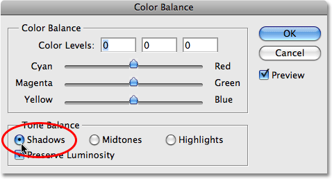В нижней части диалогового окна Color Balance выбираем Shadows