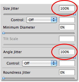 В опциях Size Jitter и Angle Jitter задаем значение 100%