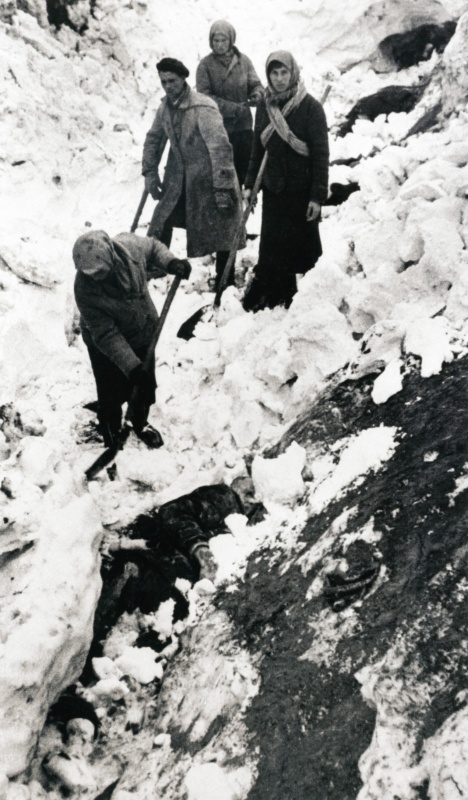 Женщина откапывает тело убитого немцами в Багеровском рву под Керчью. Январь 1942. Автор: Дмитрий Бальтерманц