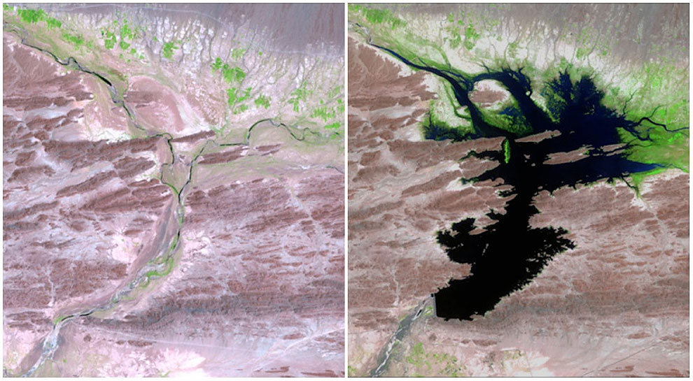 The Dasht River, Pakistan, August, 1999 — June, 2011. The Mirani Dam supplies clean drinking water and power to the surrounding area. The dam also helps support local agriculture.