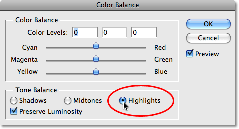 Выбираем Highlights в диалоговом окне Color Balance
