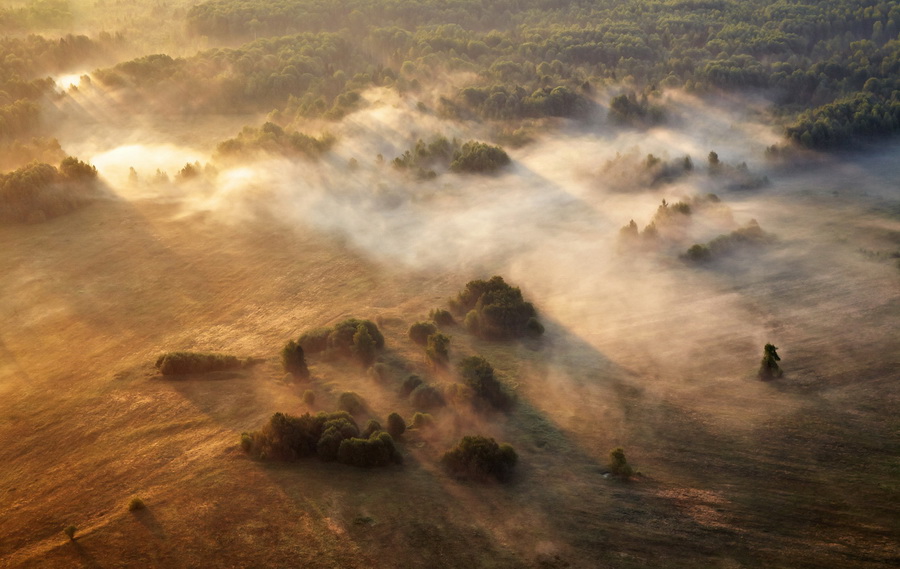 Сергей Сутковой. Гуляющий туман, вид с 355 метров заброшенной радиовышки. Галич, Костромская область, август 2014.